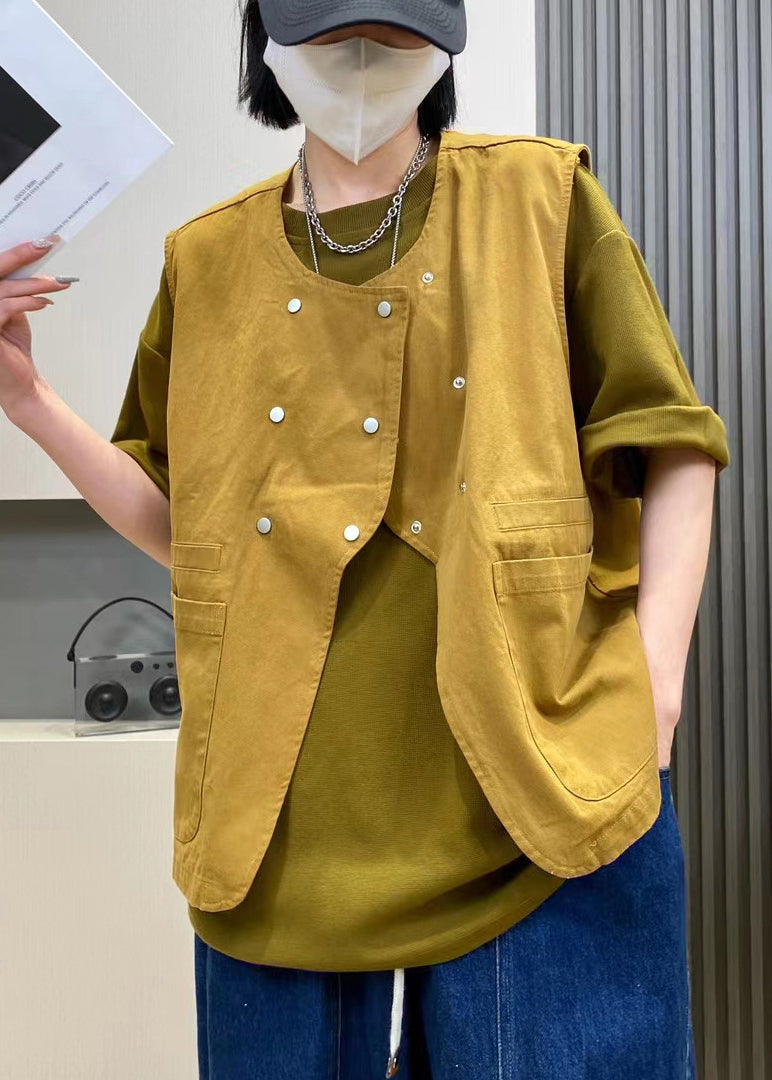 Diy Yellow O-neck Double Breast Pockets Asymmetrical Design Cotton Vest Spring