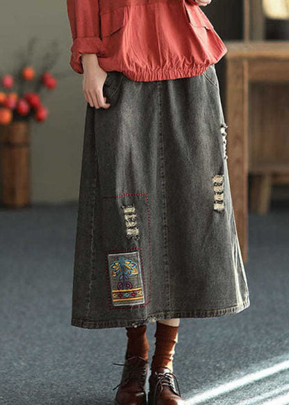 Black Side Open Embroideried Pockets Cotton Denim Ripped Skirt Cozy