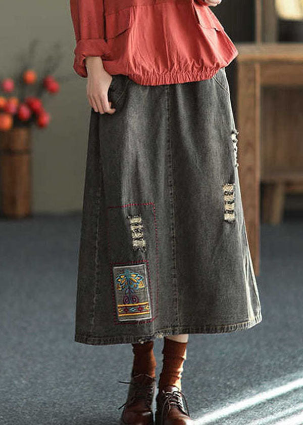 Black Side Open Embroideried Pockets Cotton Denim Ripped Skirt Cozy