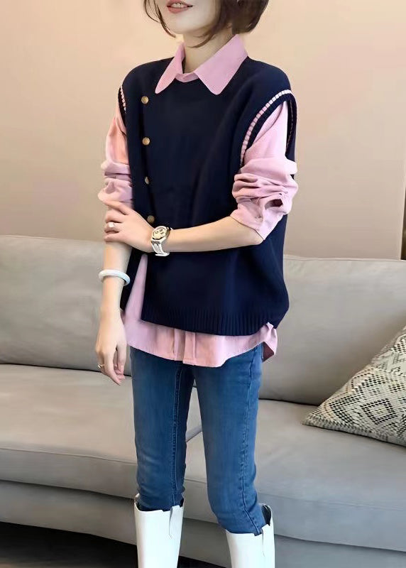 Style Pink Shirts and Navy Knit Vest Side Open Two Pieces Set Fall