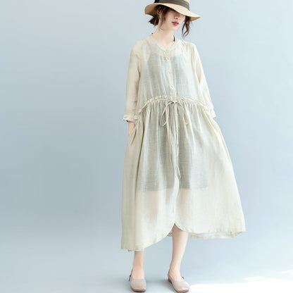 Baggy Off White Midi Linen Silk Blended Dresses Loose Fitting Dress Fine Tie Waist Long Sleeve O Neck Baggy Dresses