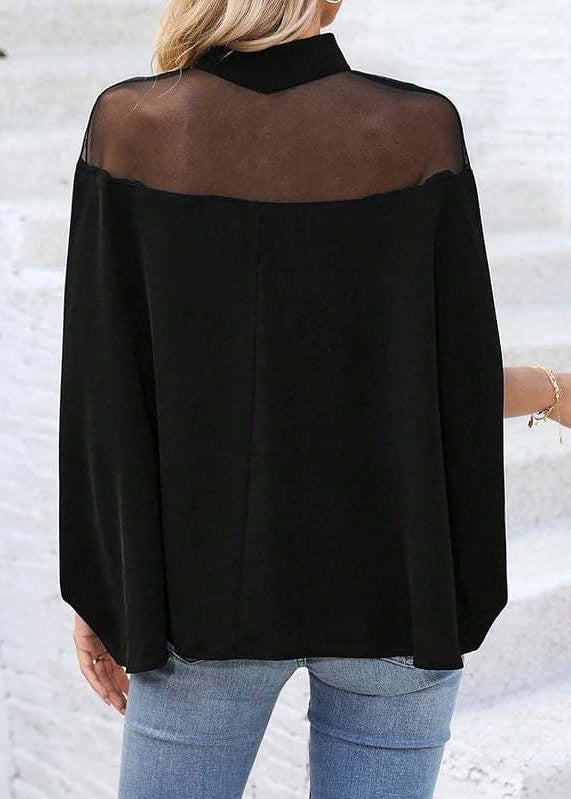 Loose Black Turtleneck Tulle Patchwork T Shirts Batwing Sleeve