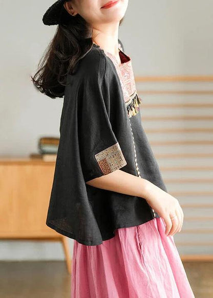 Black Embroidered Linen T-shirt