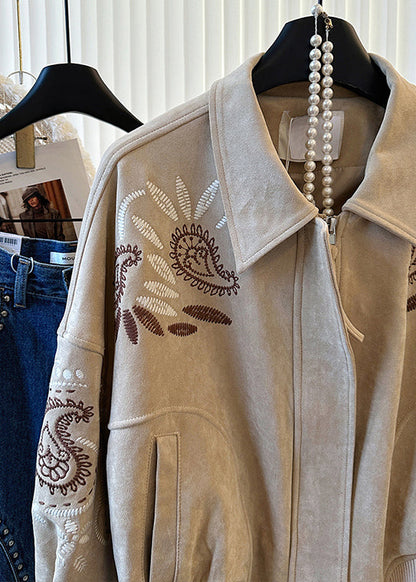 Khaki Embroidered Pockets Cotton Jackets Spring