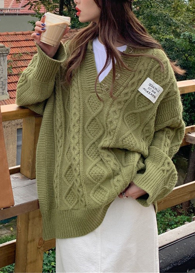 Loose Green V Neck Thick Cable Knit Sweater Tops Fall