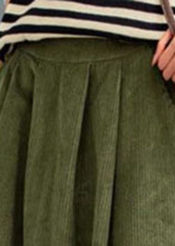 Green High Waist Pockets Velour a Line Skirts Fall