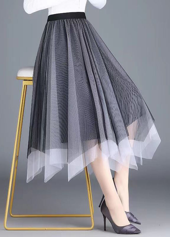 Black Grey Asymmetrical Wrinkled Tulle Skirt Spring