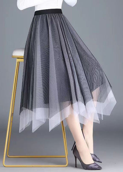 Black Grey Asymmetrical Wrinkled Tulle Skirt Spring