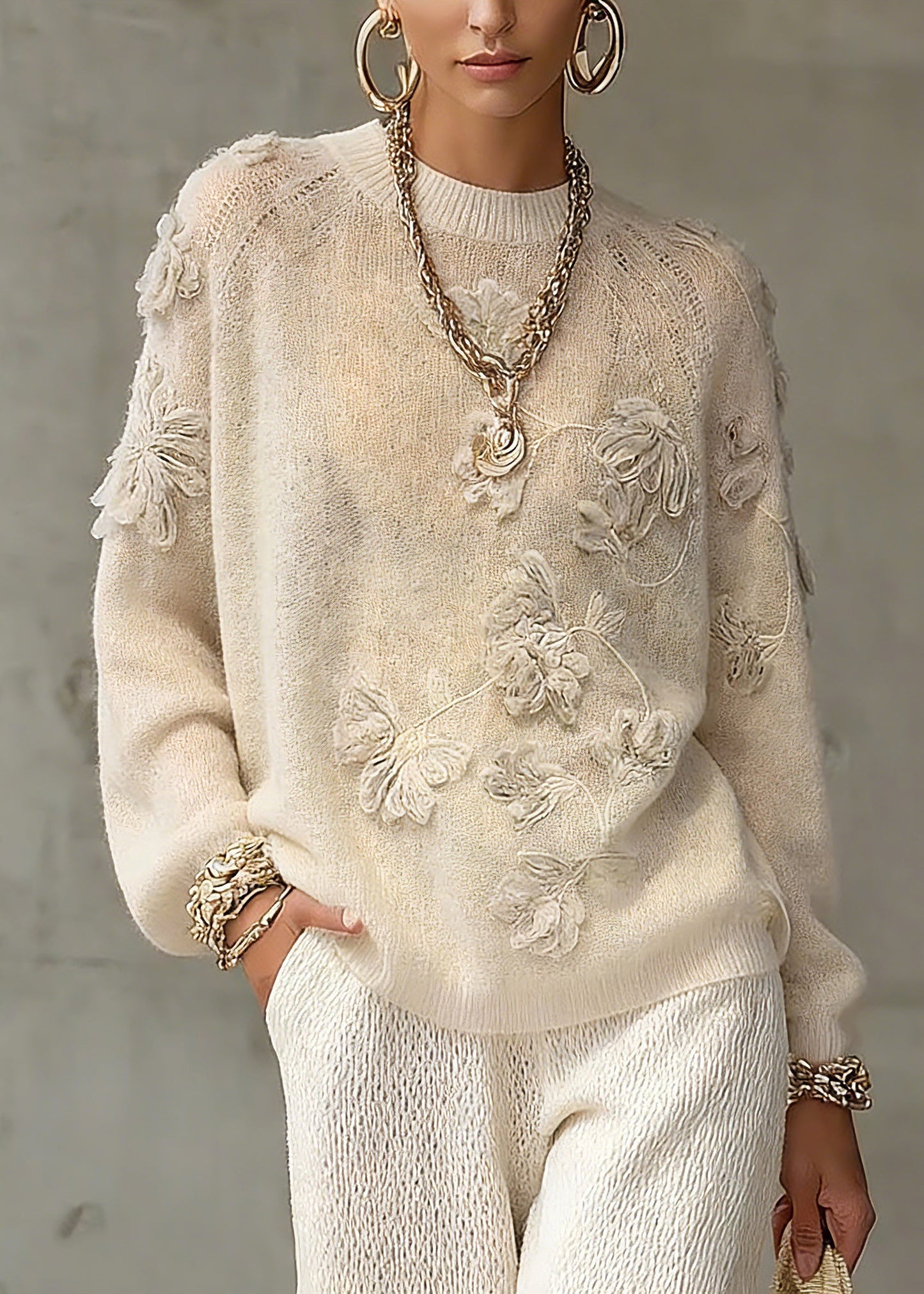 Beige O-neck Embroidered Cotton Knit Sweaters Spring