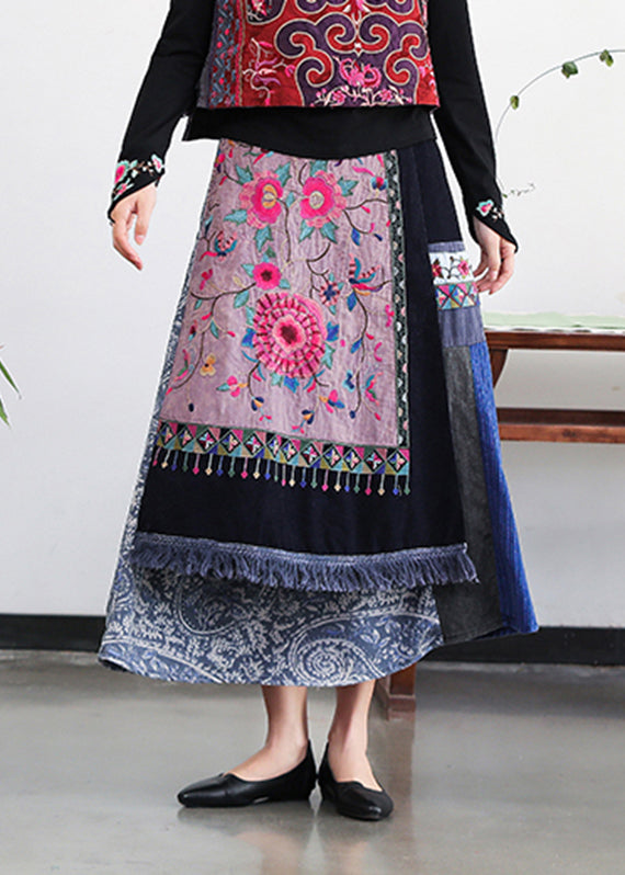 Retro Embroideried Pockets Elastic Waist Cotton a Line Skirt Fall