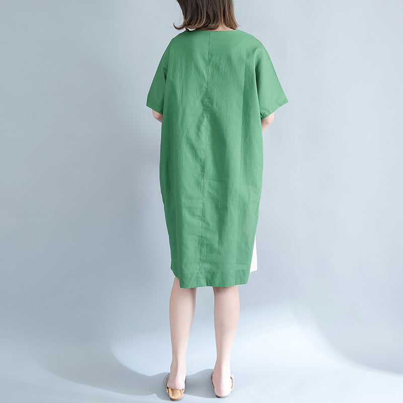 Fine Green Midi Linen Dresses Clothing Shirt Dress O Neck Patchwork Linen Dresses