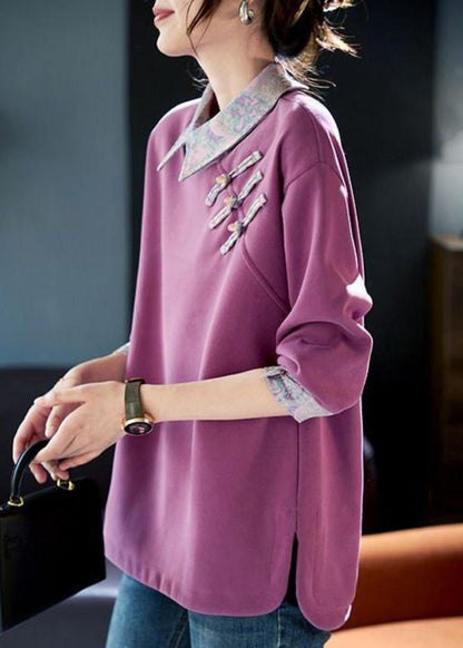 Purple Peter Pan Collar Patchwork Cotton Sweatshirts Spring