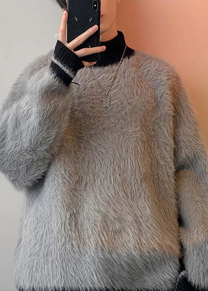 New Grey Turtleneck Patchwork Mink Velvet Sweaters Winter