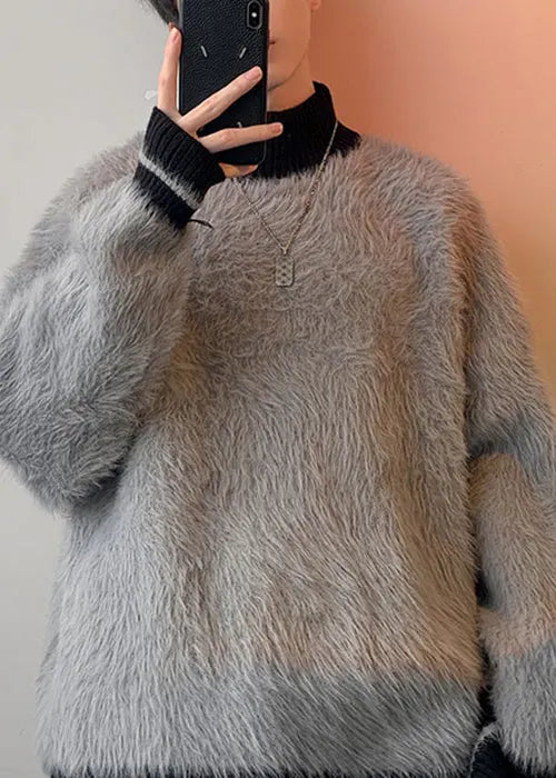 New Grey Turtleneck Patchwork Mink Velvet Sweaters Winter