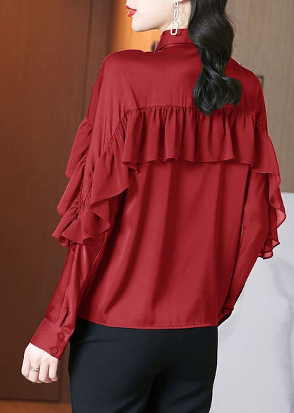 Red Peter Pan Collar Ruffled Patchwork Silk Shirts Spring
