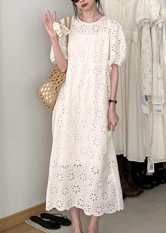 French Beige O-neck Puff Sleeve Hollow Out Cotton Dress