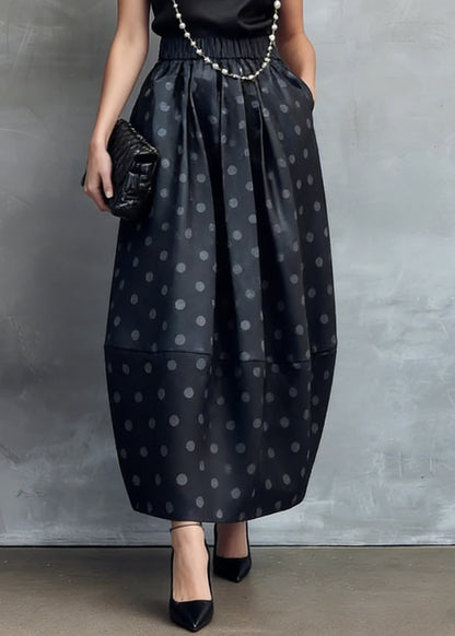 Chinese Style Black Stand Collar Shirts and Dot Skirts Silk Two Piece Set Summer
