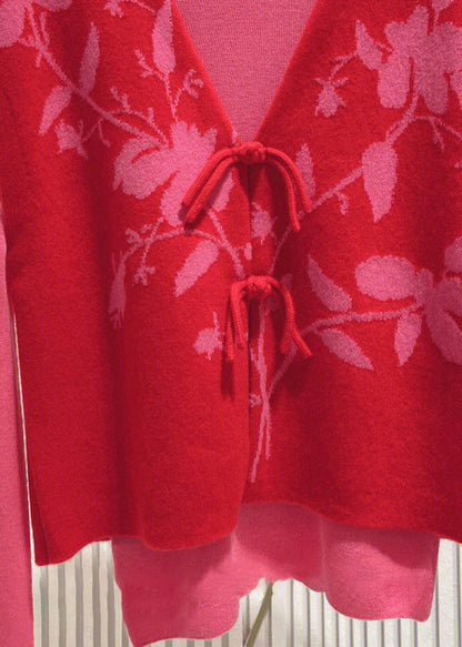 Loose Red Button Patchwork Tops and Waistcoat Knit Two Pieces Set Fall