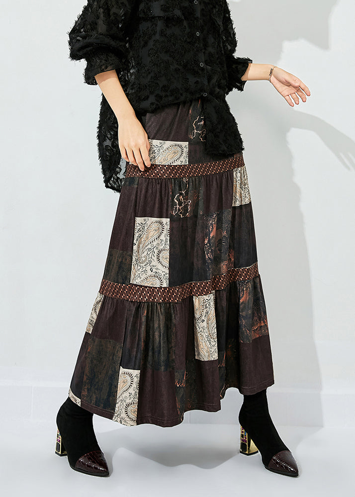 Brown Print Patchwork Wrinkled Silk Skirts Summer