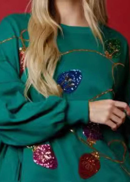 Green O-neck Sequins Patchwork Loose Sweatshirts Fall