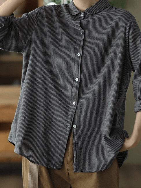 100% Natural Fabric Striped Long-sleeve Loose Shirt