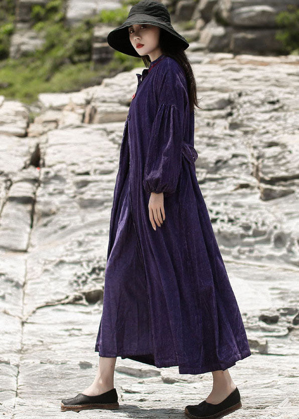 Purple Embroideried Pockets Corduroy Dress