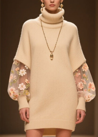 Beige Hign Neck Tulle Patchwork Knit Dress Winter