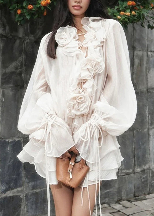 Korean Style Three-dimensional Flower Ruffled Lantern Sleeve Dress