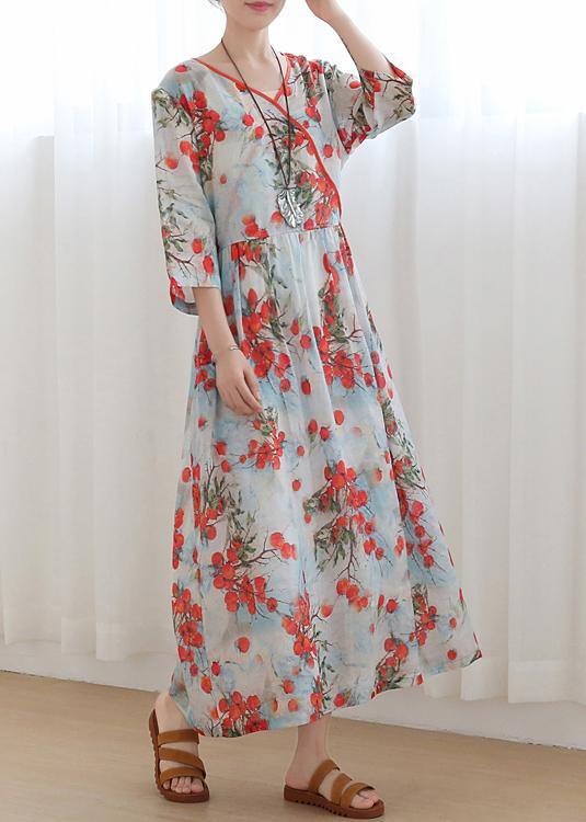 Cotton and Linen Jiangnan Five-point Sleeve High Waist Dress Ramie Printed Long Skirt