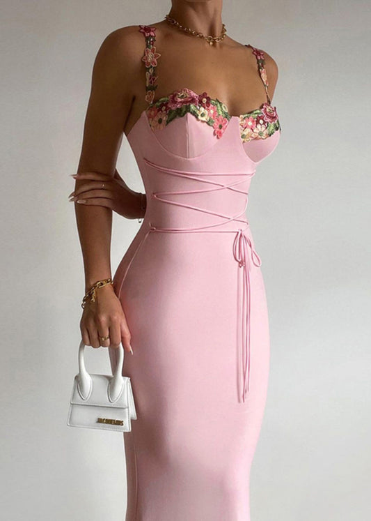 Pink Patchwork Cotton Spaghetti Strap Dress Sleeveless