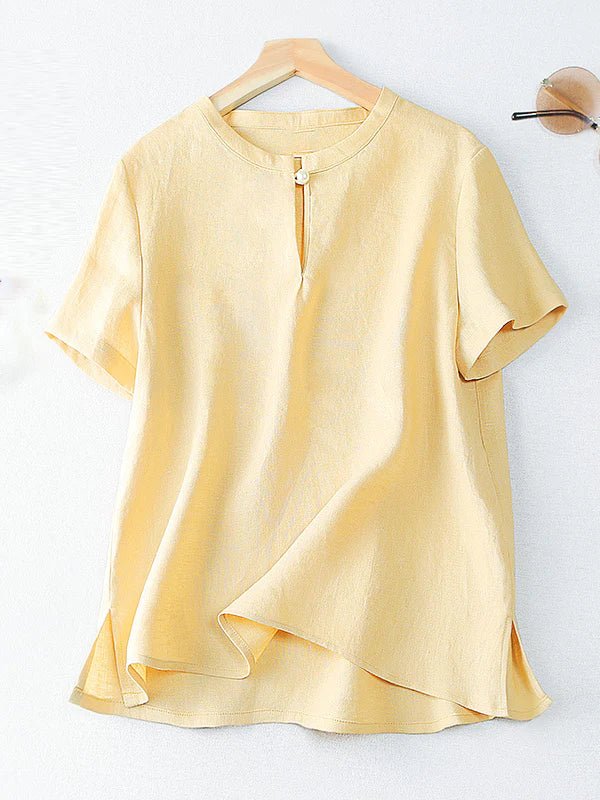 Pure Color Crew Neck Short Sleeve Buttoned Linen Tee Top