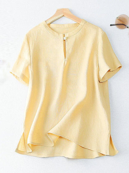 Pure Color Crew Neck Short Sleeve Buttoned Linen Tee Top