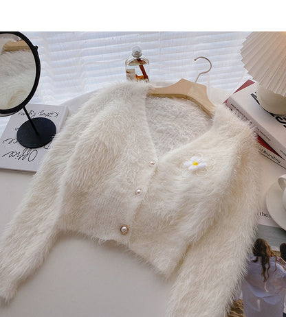 Mohair Sweater Small Flower Nail Bead Top Cardigan