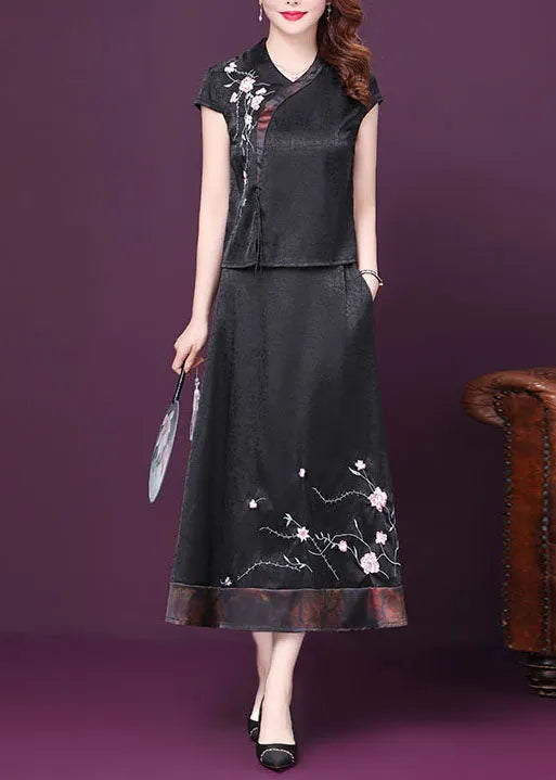 Italian Black Embroideried Patchwork Tops and Skirts Silk Two-piece Summer