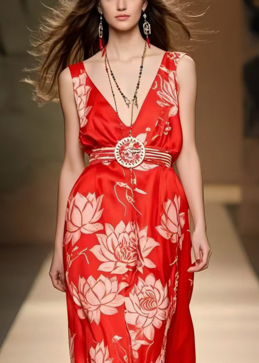 Red Cinched Print Silk Cami Dresses Summer