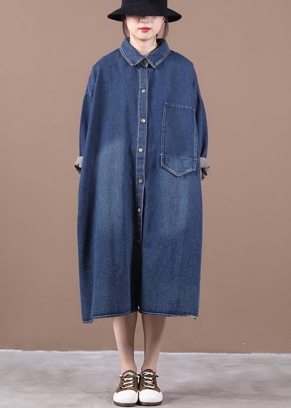 100% Lapel Patchwork Outfit Ideas Denim Blue Long Dress