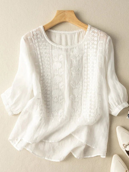 Embroidered Round Neck Half Sleeve Linen Tee Top