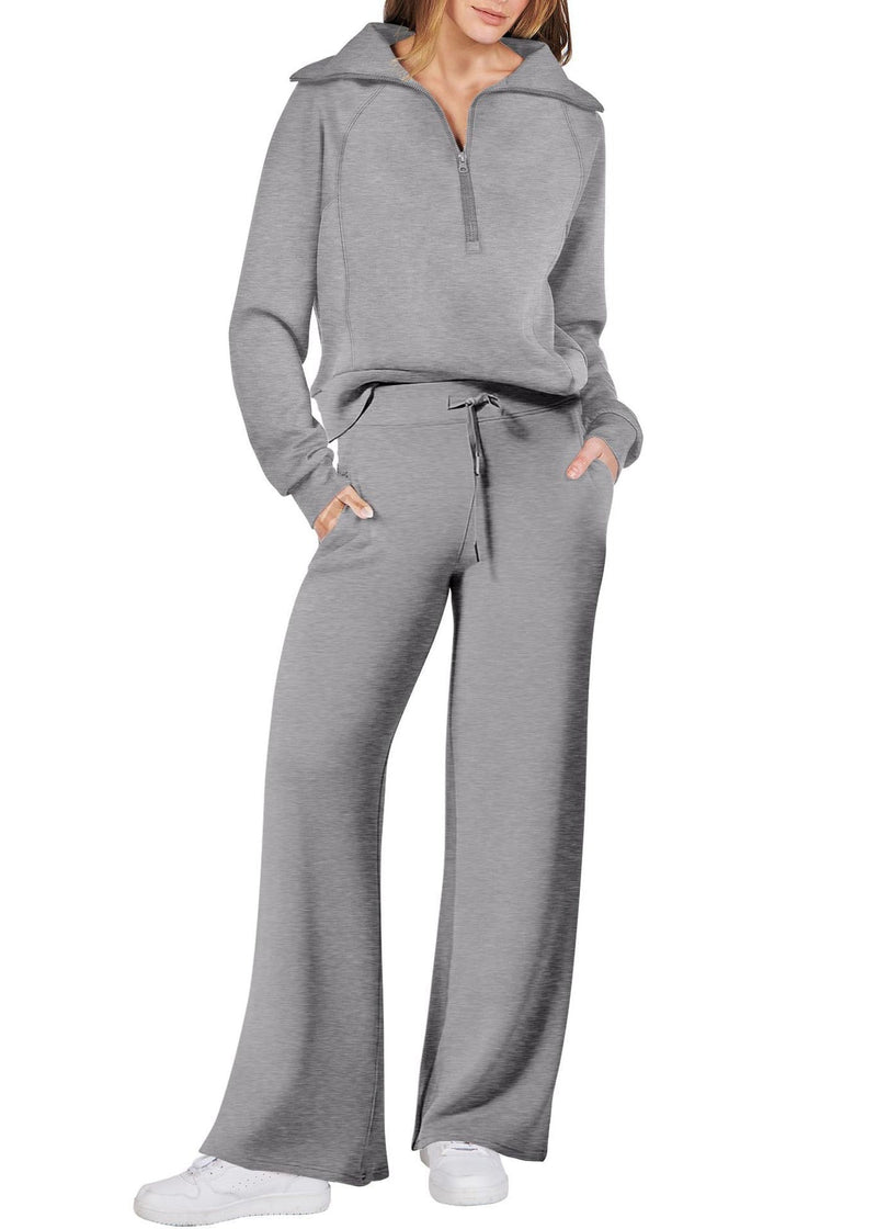 Loose Light Green Zip Up Tops and Wide Leg Pants Cotton Two Pieces Set Spring