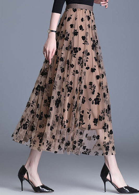 Chocolate High Waist Print Tulle a Line Skirts Spring