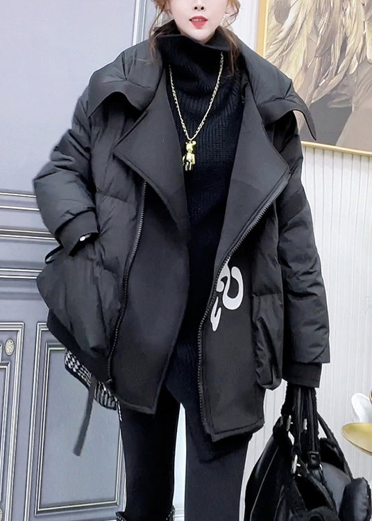 Black Zip Up Pockets Patchwork Duck Down Coats Winter