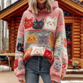 Women's Colorful Cats Pattern Art Cozy Knit Hooded Sweater artswardrobe