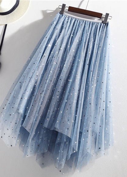 Light Blue Elastic Waist Sequins Tulle a Line Skirts Summer