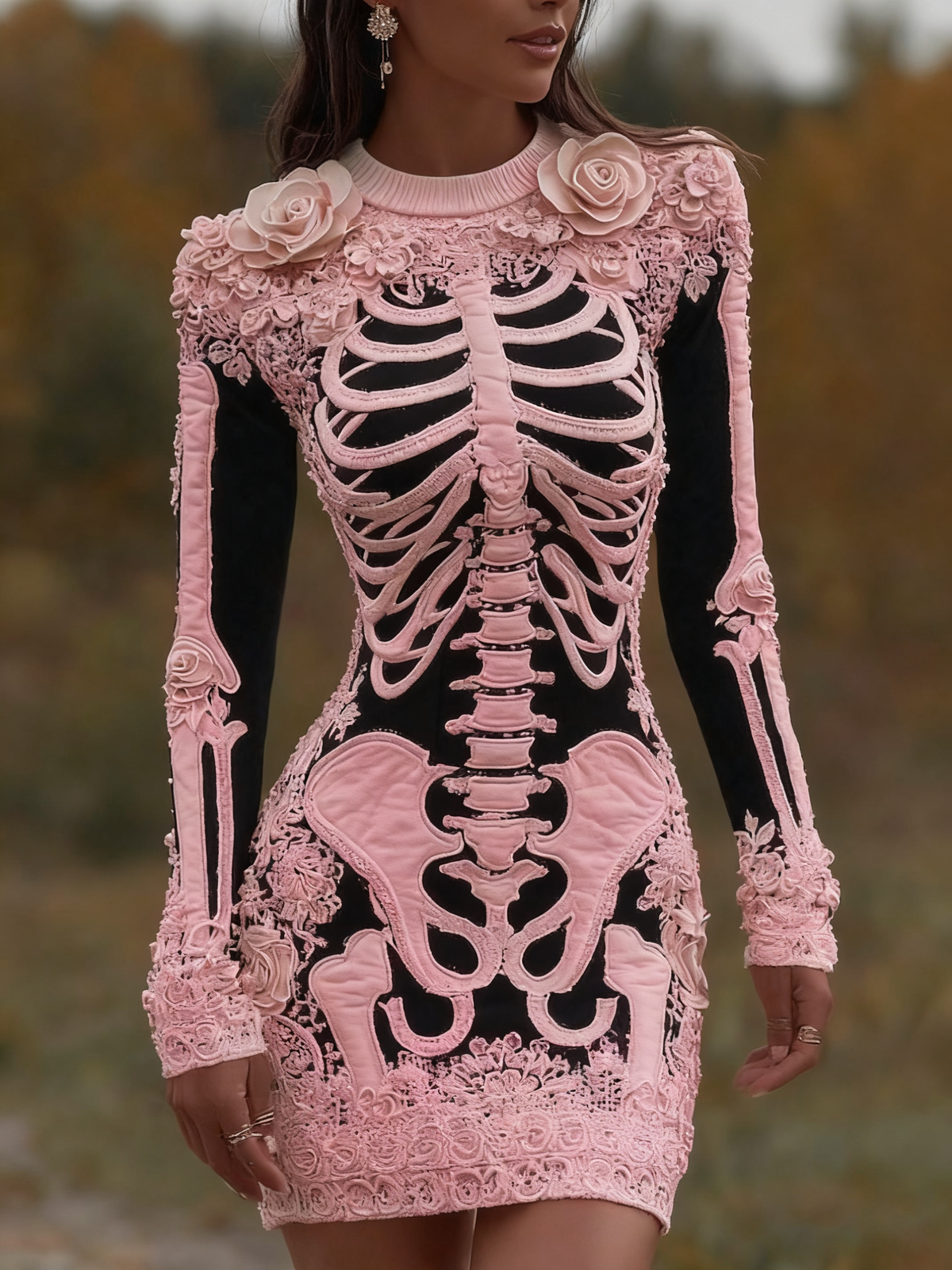 Comstylish Women's Vintage Halloween Skeleton Bones With Rose Art Cozy Knit Mini Sweater Dress