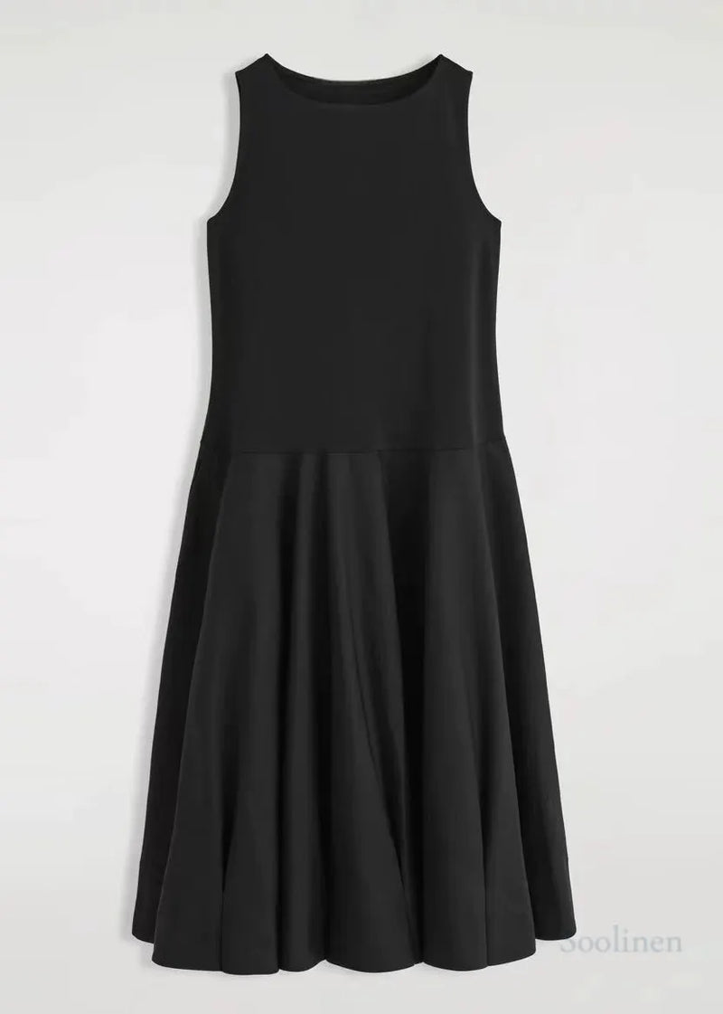 French Black Exra Large Hem Cotton Long Dress Sleeveless