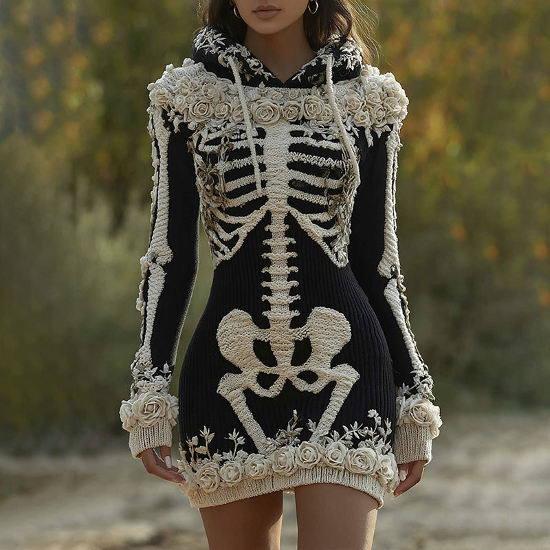 Women's  Halloween Skeleton Bones With Roses Art Cozy Knit Hooded Sweater Dress artswardrobe