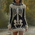 Women's  Halloween Skeleton Bones With Roses Art Cozy Knit Hooded Sweater Dress elevenforest