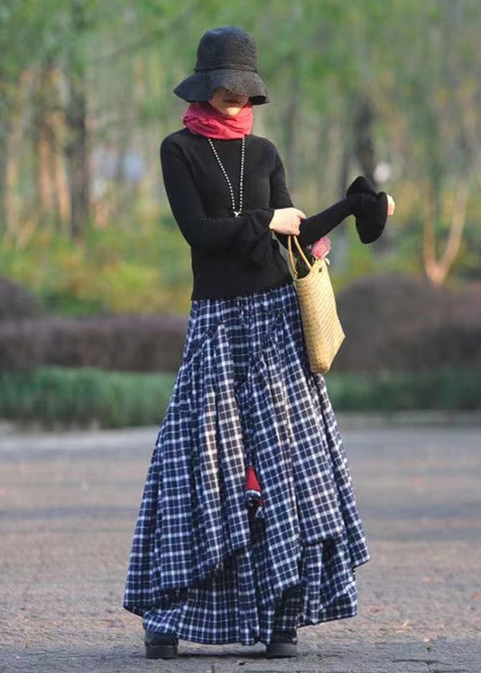 Navy Wrinkled Asymmetrical Plaid Cotton Skirts Spring