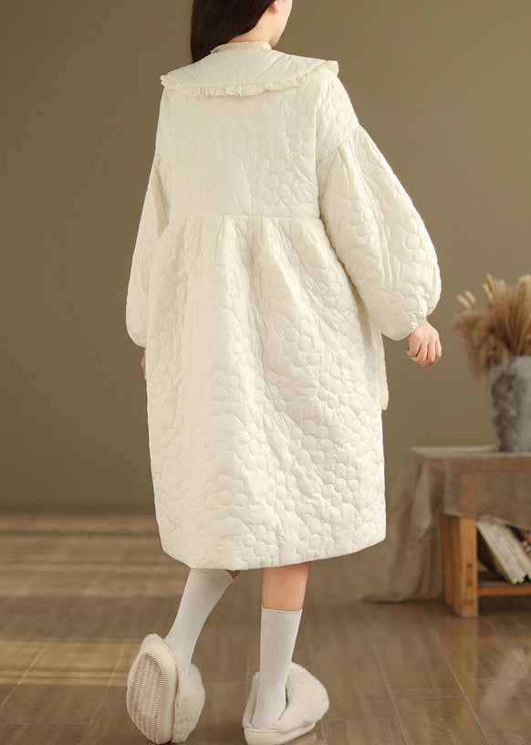Beige Peter Pan Collar Fine Cotton Filled Coat Lantern Sleeve