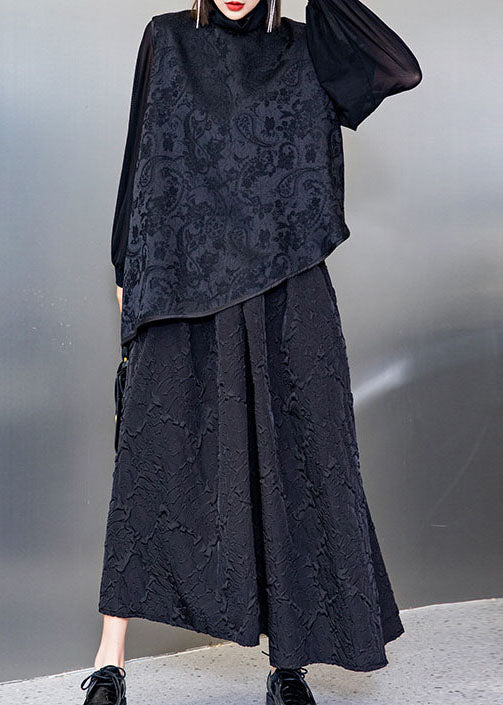 Organic Black Jacquard Asymmetrical Tops Loose Vest a Line Skirt Three Piece Outfit Spring