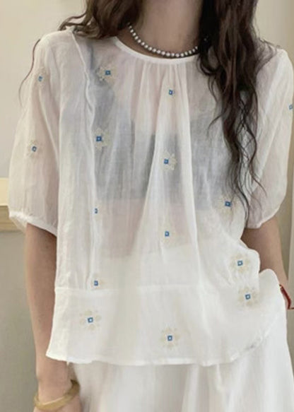 Loose Yellow O Neck Embroidered Cotton Blouses Summer